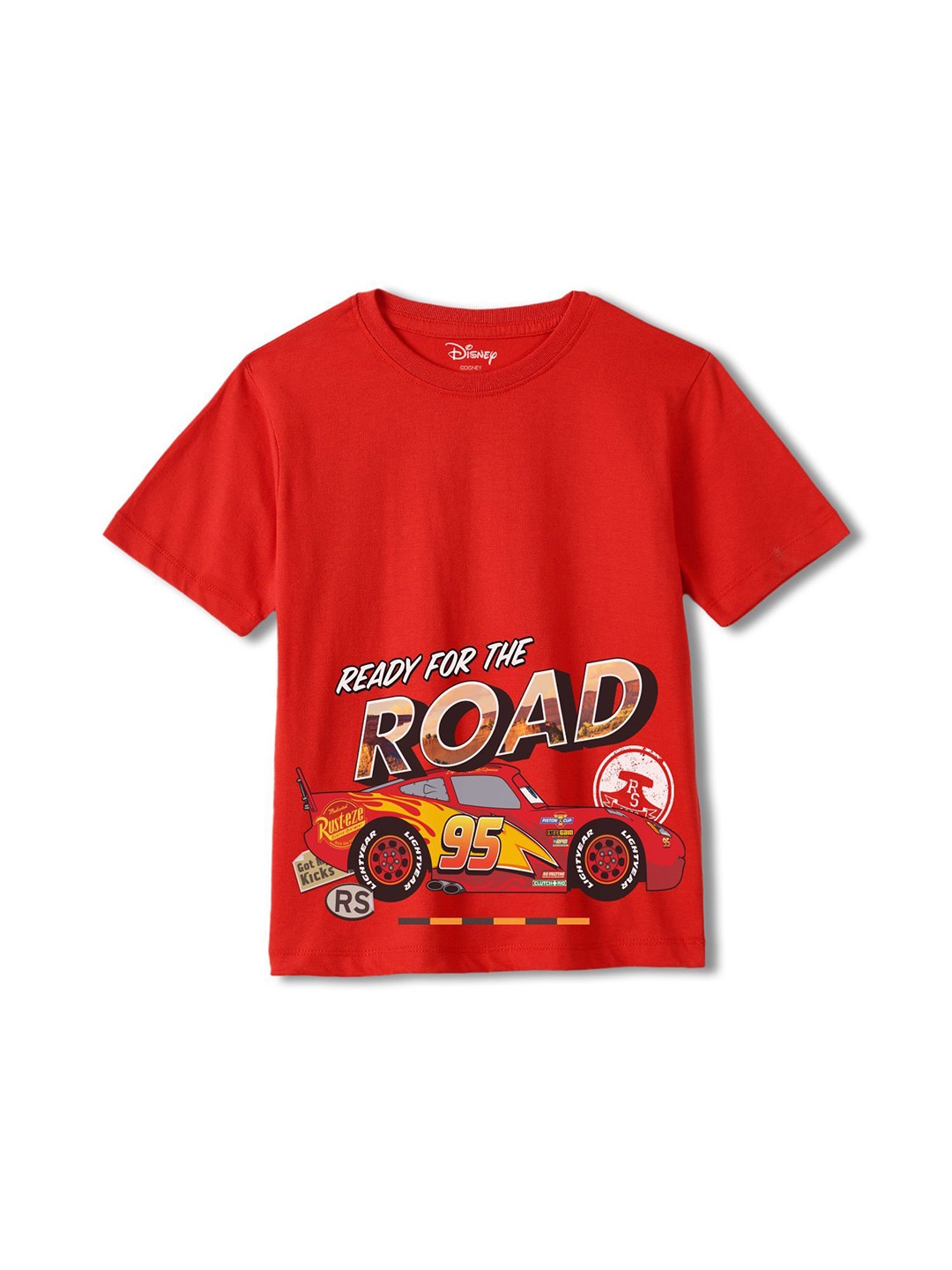 

Wear Your Mind Boys Cars Printed Cotton Round-Neck Applique T-shirt, Red