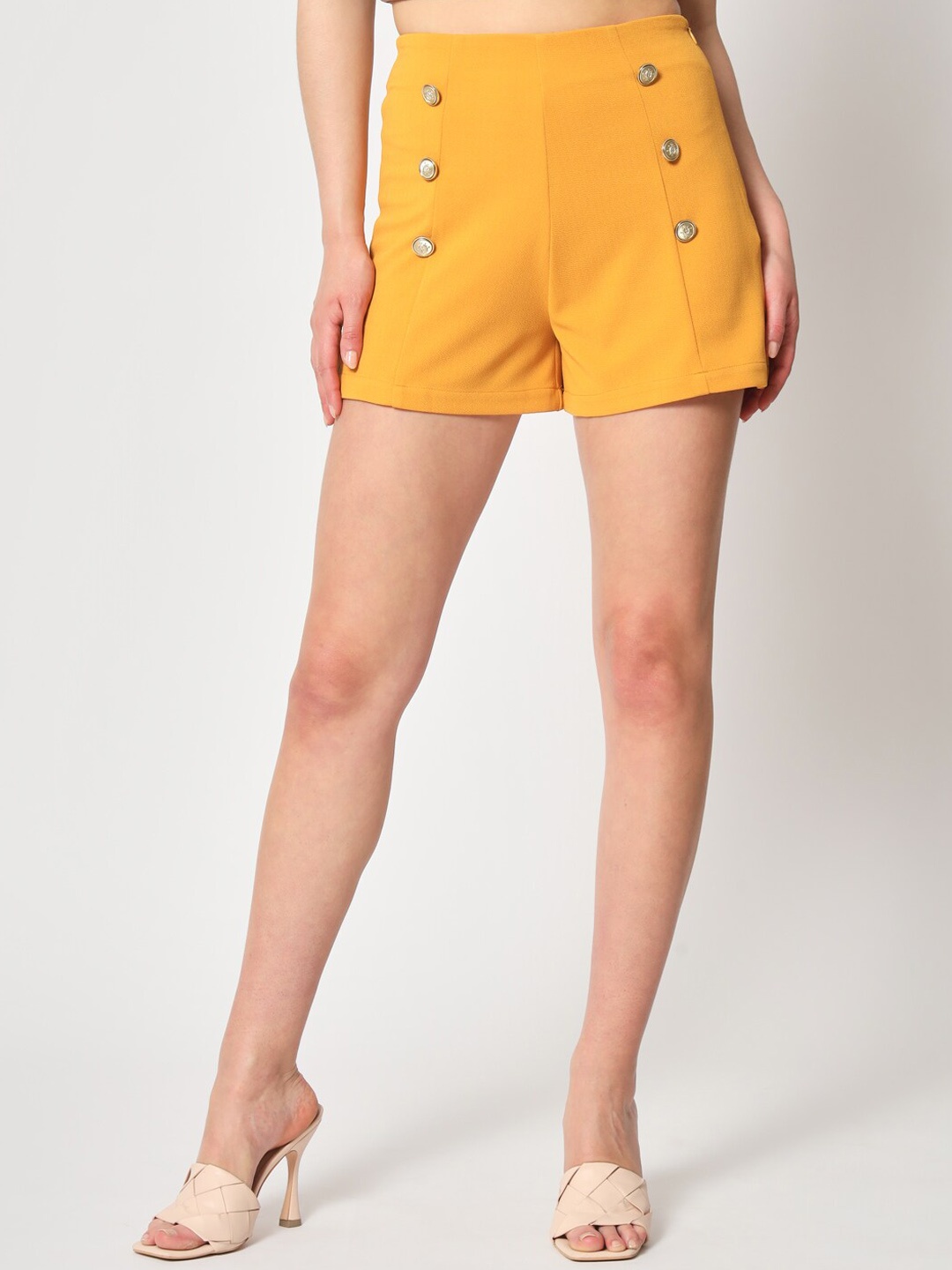 

Zastraa Women High-Rise Slim Fit Shorts, Mustard