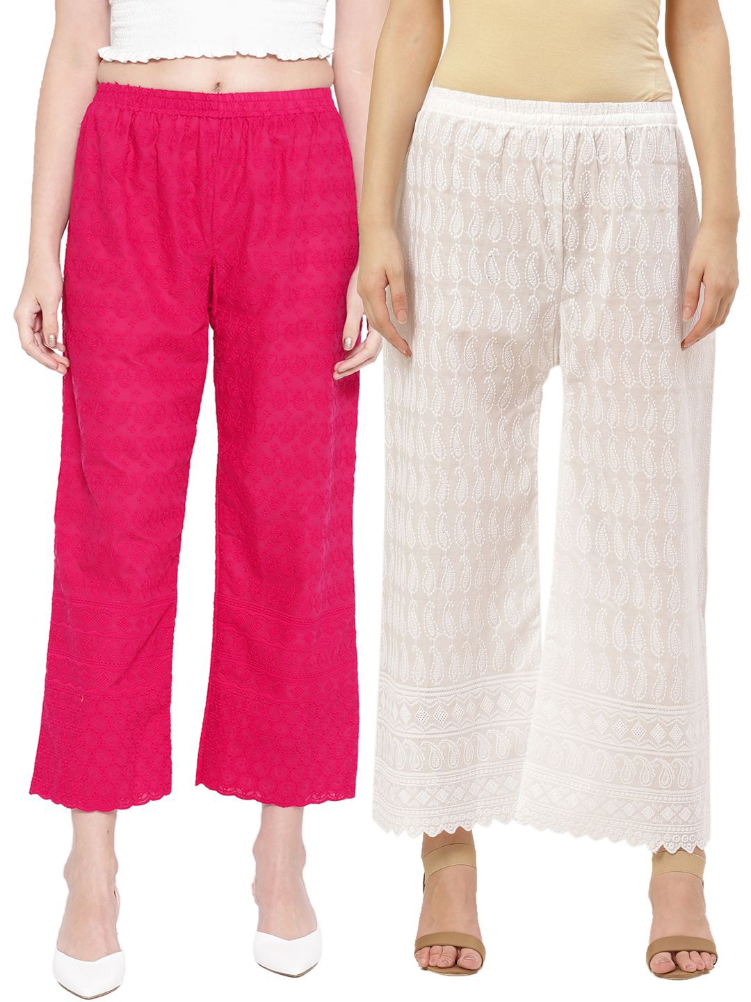 

KALINI Women 2 Floral cotton Embroidered Chikankari Palazzos, Magenta