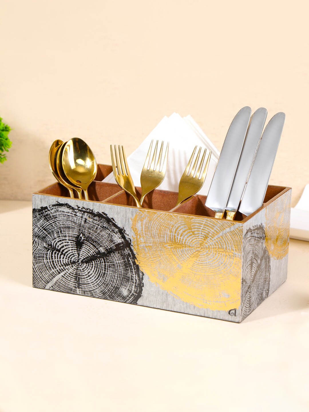 

THE HOME CO. Grey & Yellow Printed Wooden Cutlery Holder