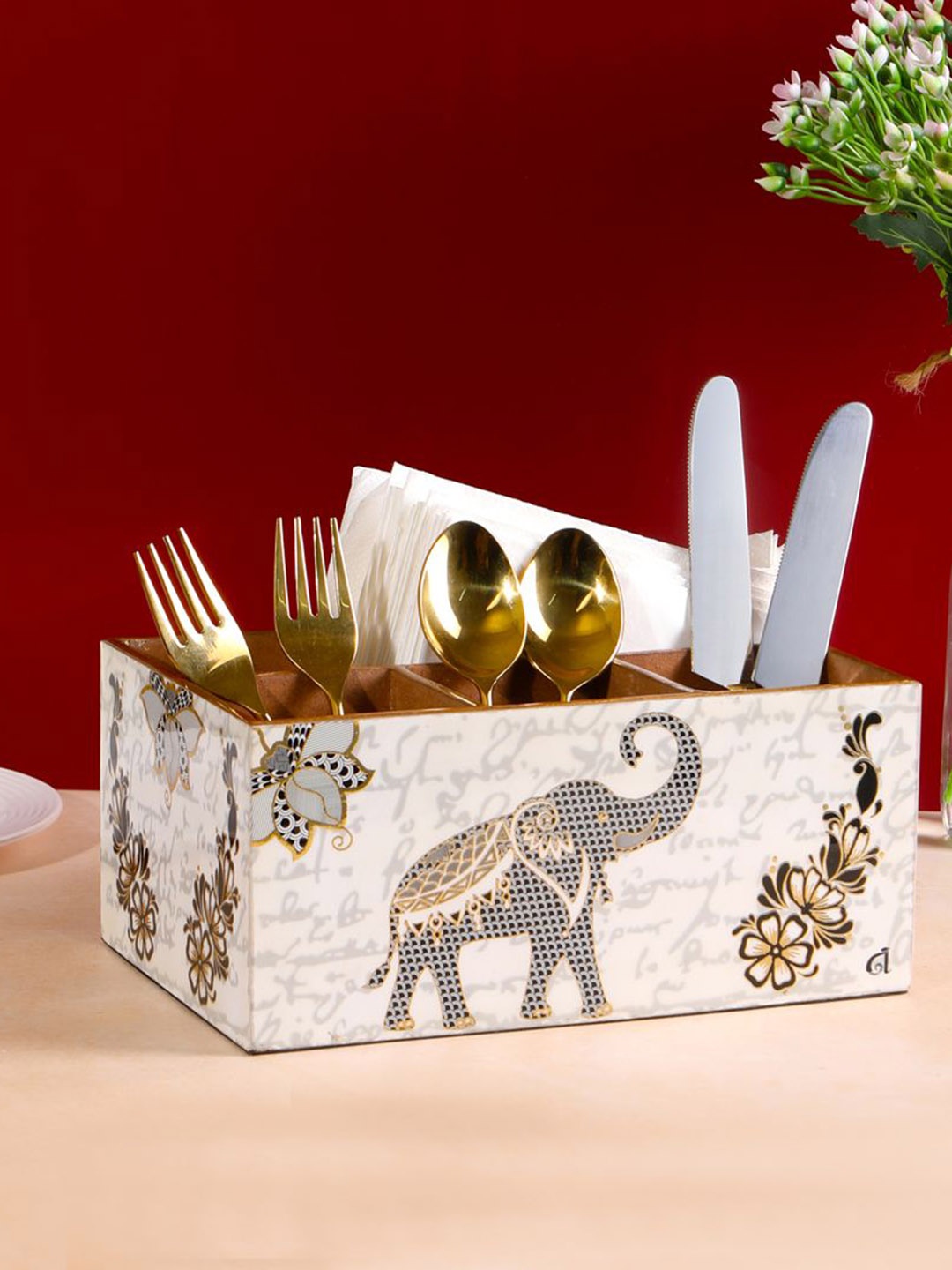 

THE HOME CO. White & Black Printed Wooden Cutlery Holder