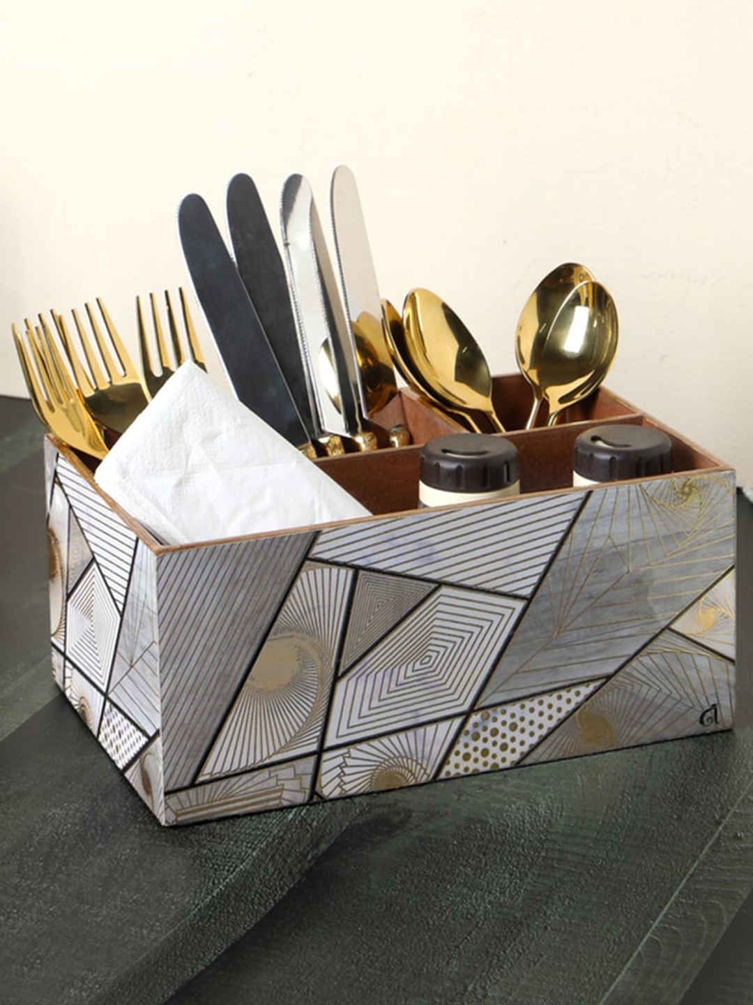 

THE HOME CO. Gold Toned & Cream-Coloured Printed Multi-Utility Organisers