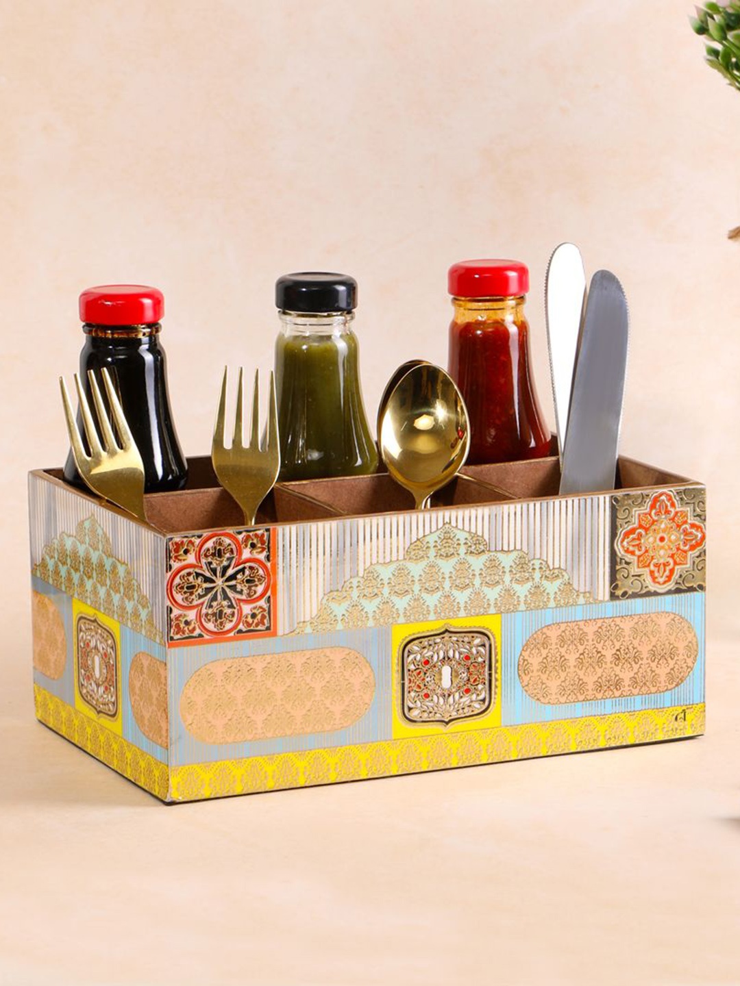 

THE HOME CO. White & Blue Printed Wooden Cutlery Holder