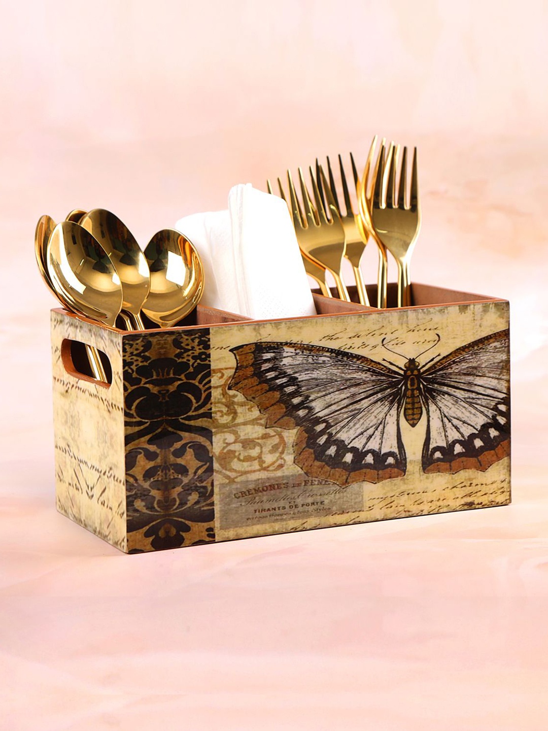 

THE HOME CO. Beige & Brown Printed Wooden Cutlery Holder