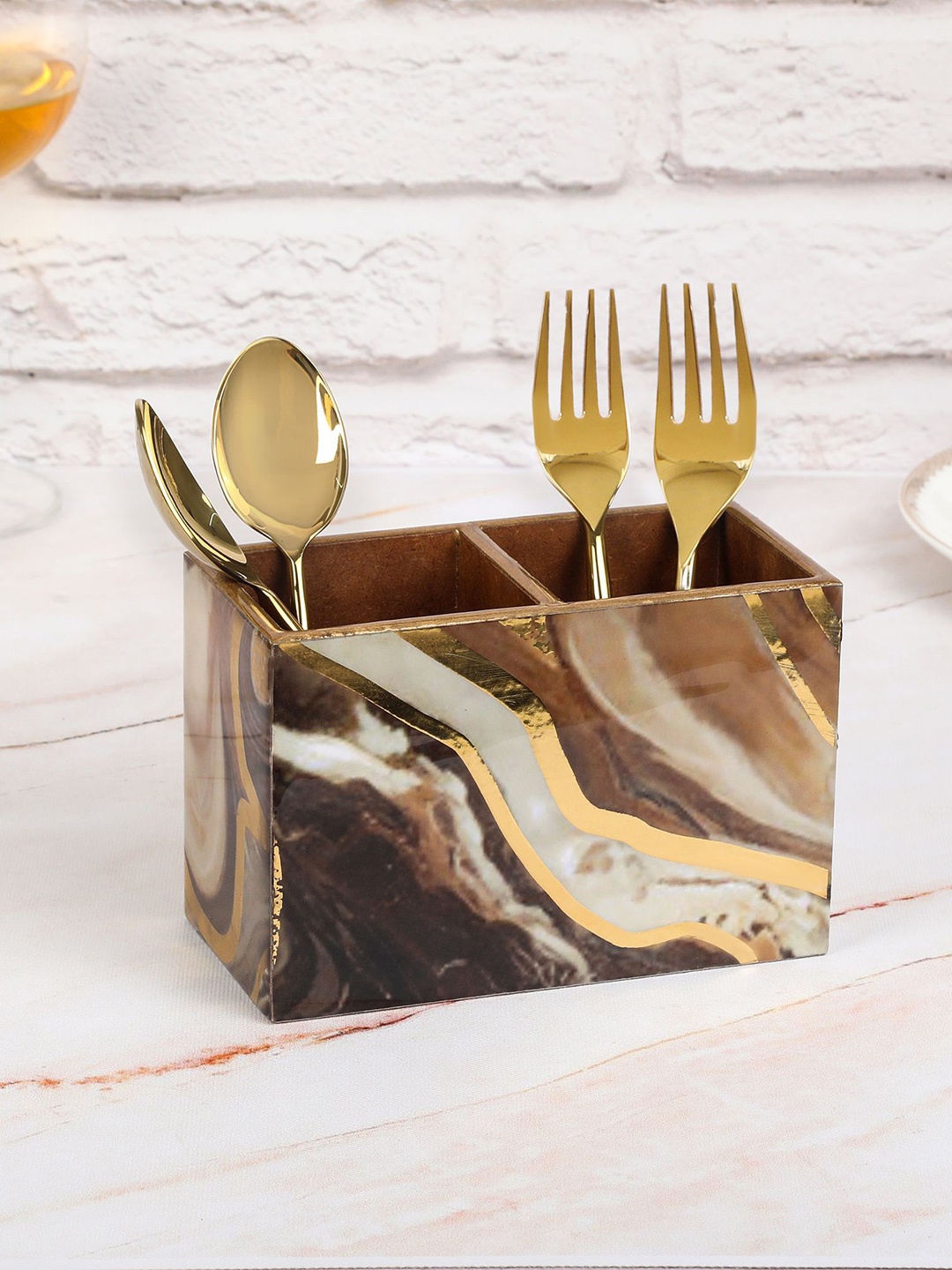 

THE HOME CO. Brown Printed Wooden Cutlery Holder