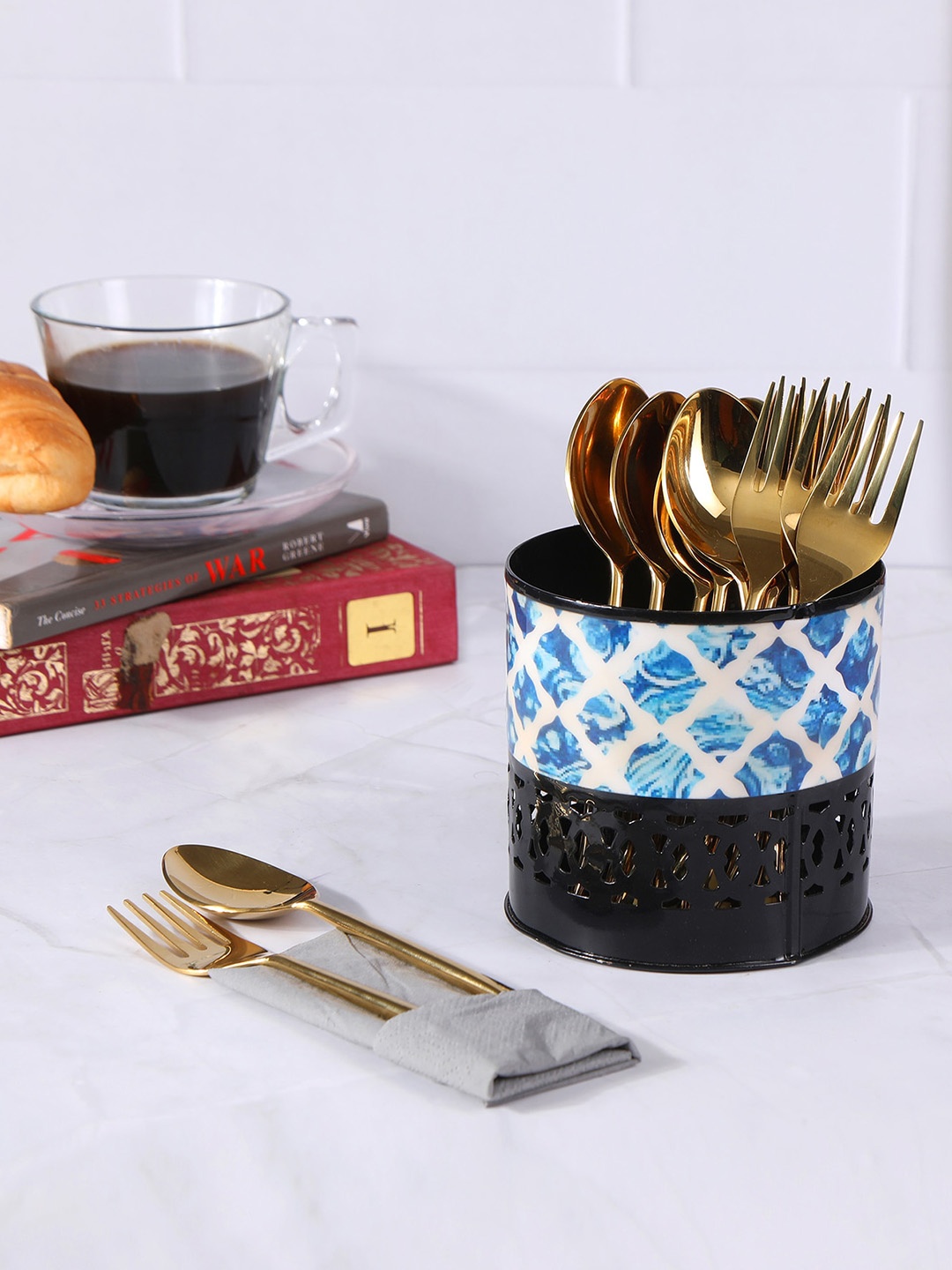 

THE HOME CO. Black & Blue Printed Metallic Cutlery Holder