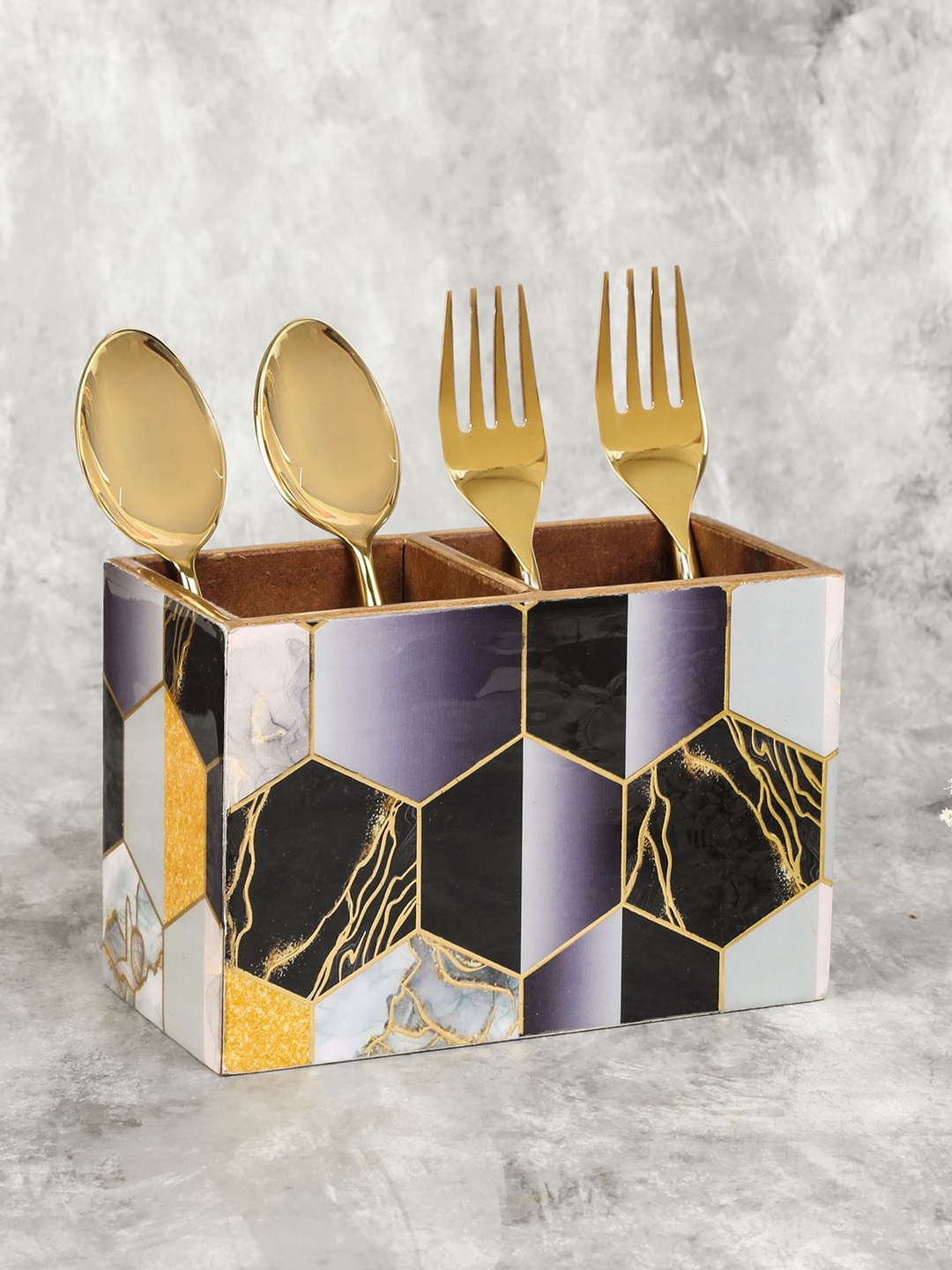 

THE HOME CO. Black & Grey Printed Wooden Cutlery Holder