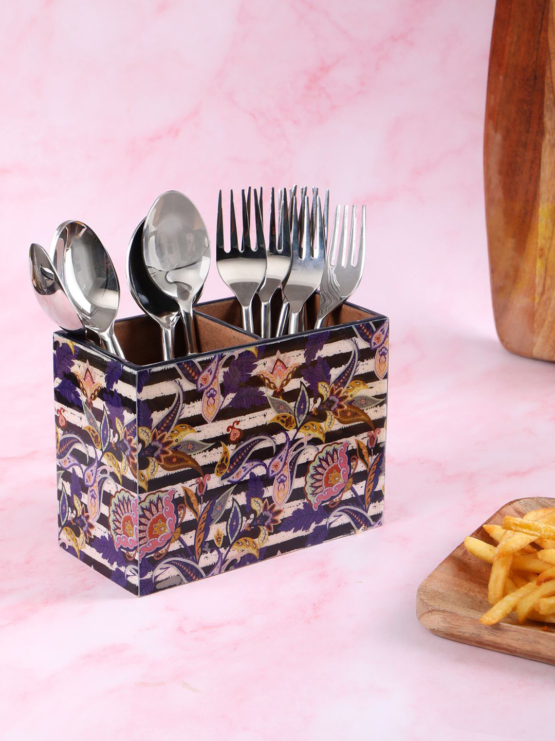 

THE HOME CO. White & Purple Printed Wooden Cutlery Holder