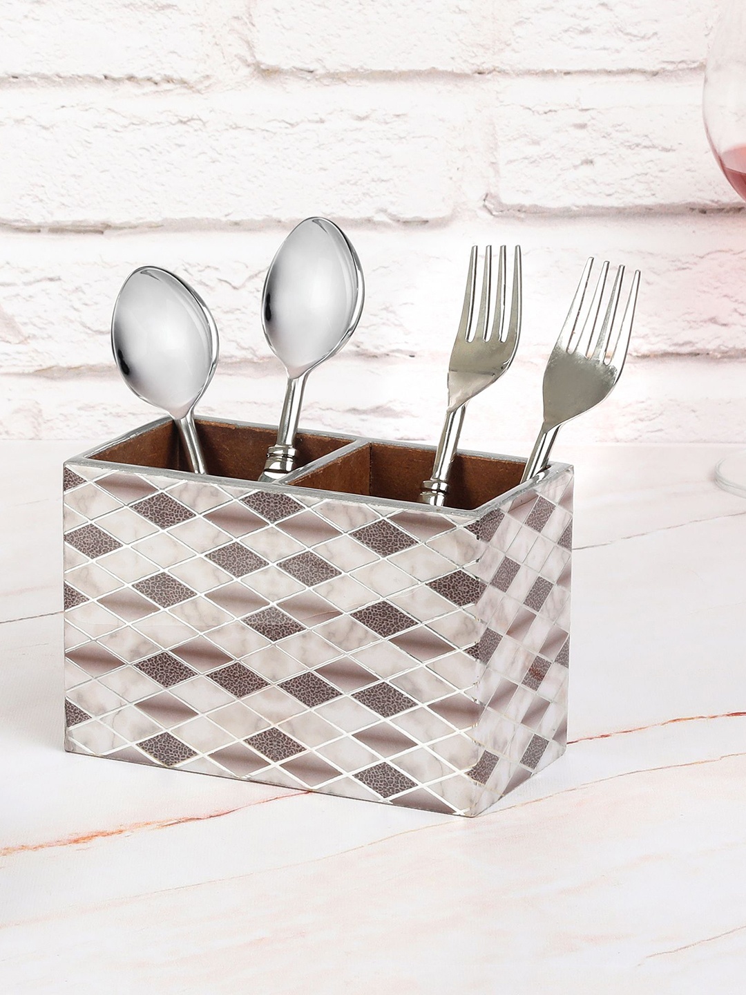 

THE HOME CO. Grey Printed Wooden Cutlery Holder