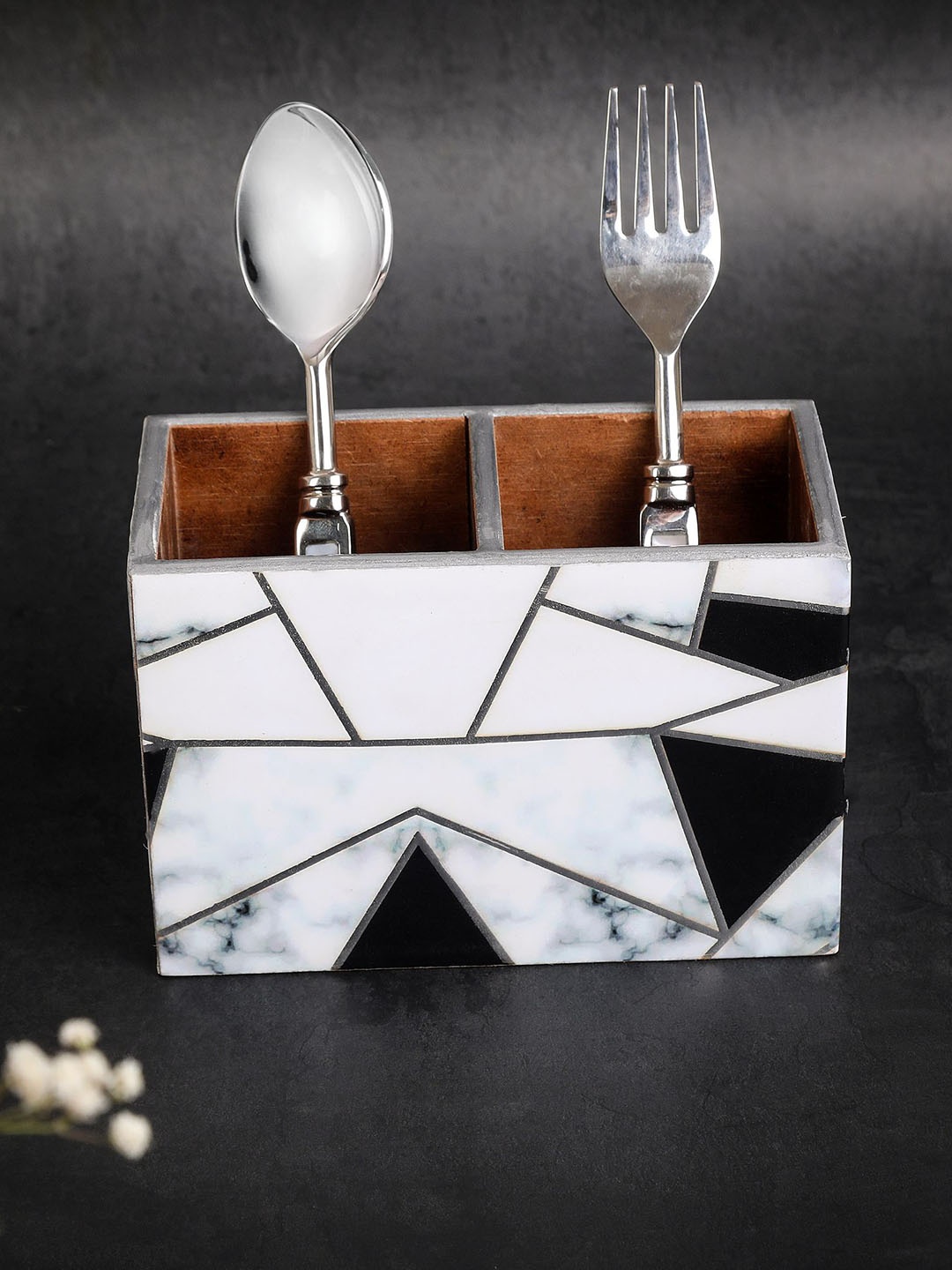 

THE HOME CO. Grey & Black Printed Wooden Cutlery Holder