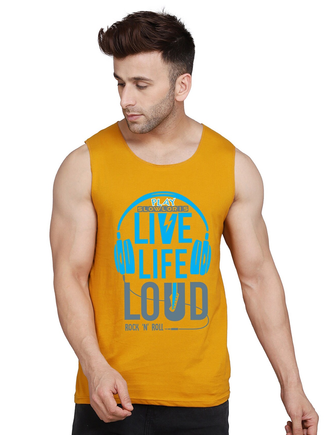 SLOWLORIS Men Typography Printed Applique T-shirt, Mustard