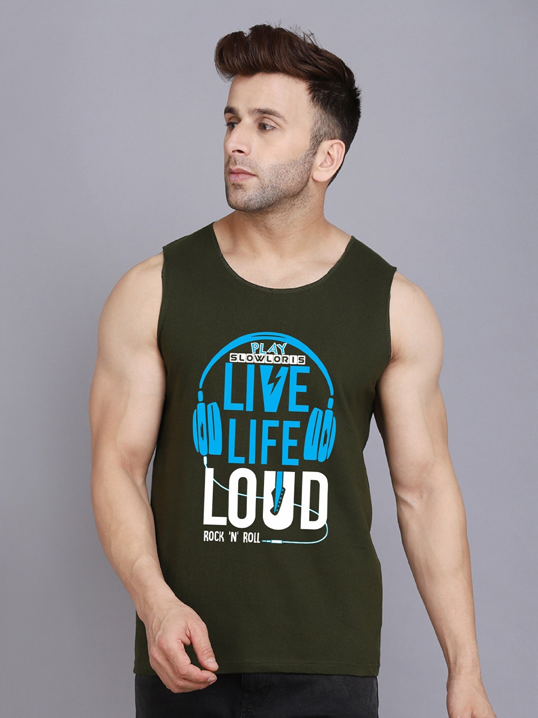 

SLOWLORIS Men Typography Printed Cotton Cut Outs T-shirt, Olive