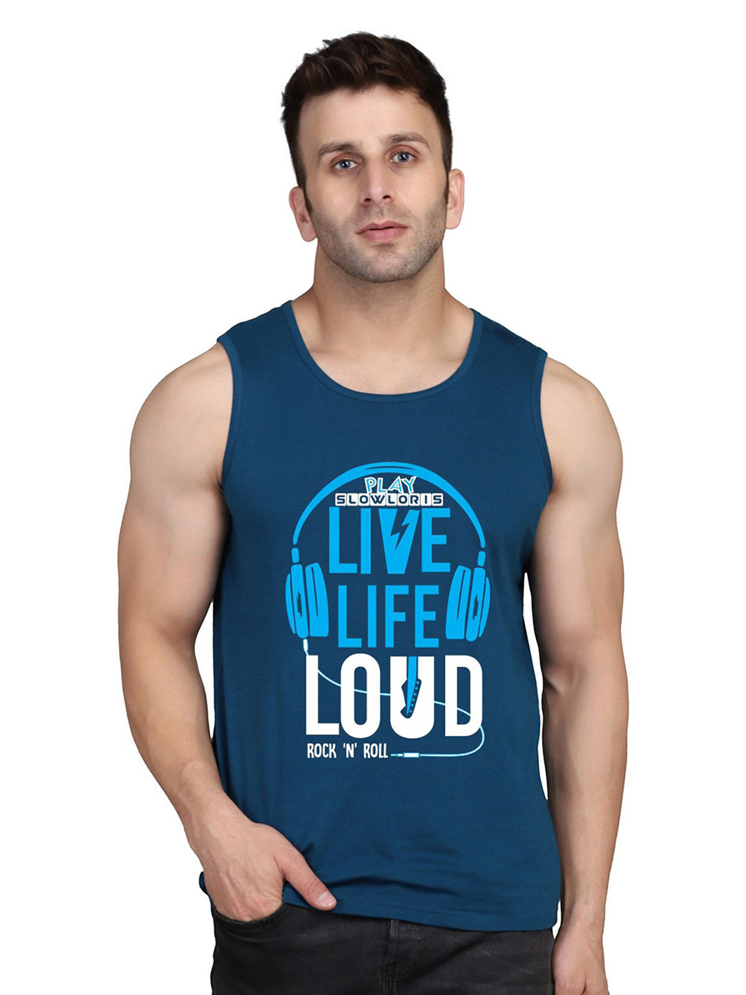 

SLOWLORIS Men Typography Printed Raw Edge Cotton T-shirt, Navy blue