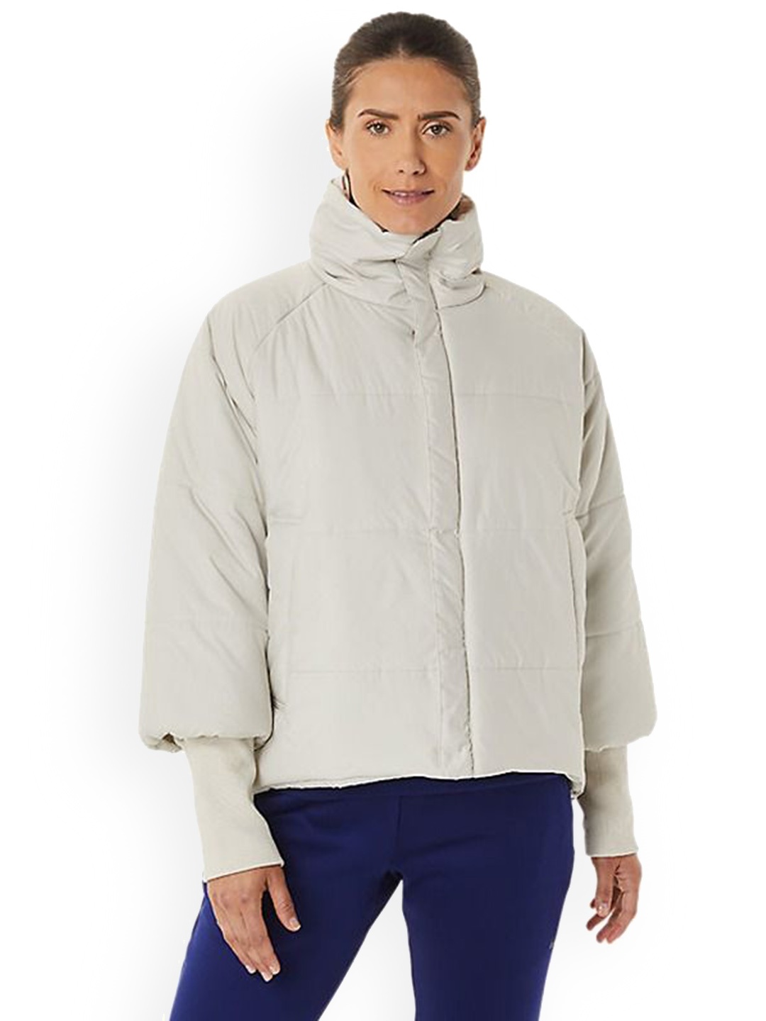 

ASICS Women Solid Mock Collar Bomber Jacket, Off white