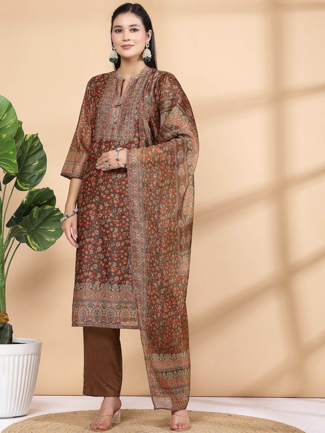 

Nayam By Lakshita Floral Printed Regular Kurta With Trouser & Dupatta, Brown