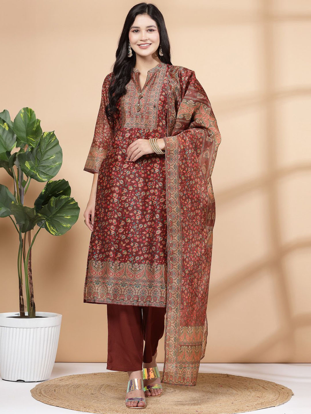 

Nayam By Lakshita Floral Printed Mandarin Collar Straight Kurta & Palazzos With Dupatta, Maroon