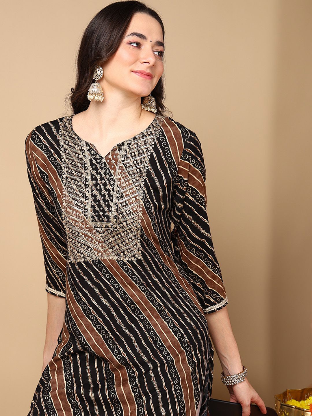 

Anouk Women Striped Regular Sleeves Gotta Patti Kurta, Black