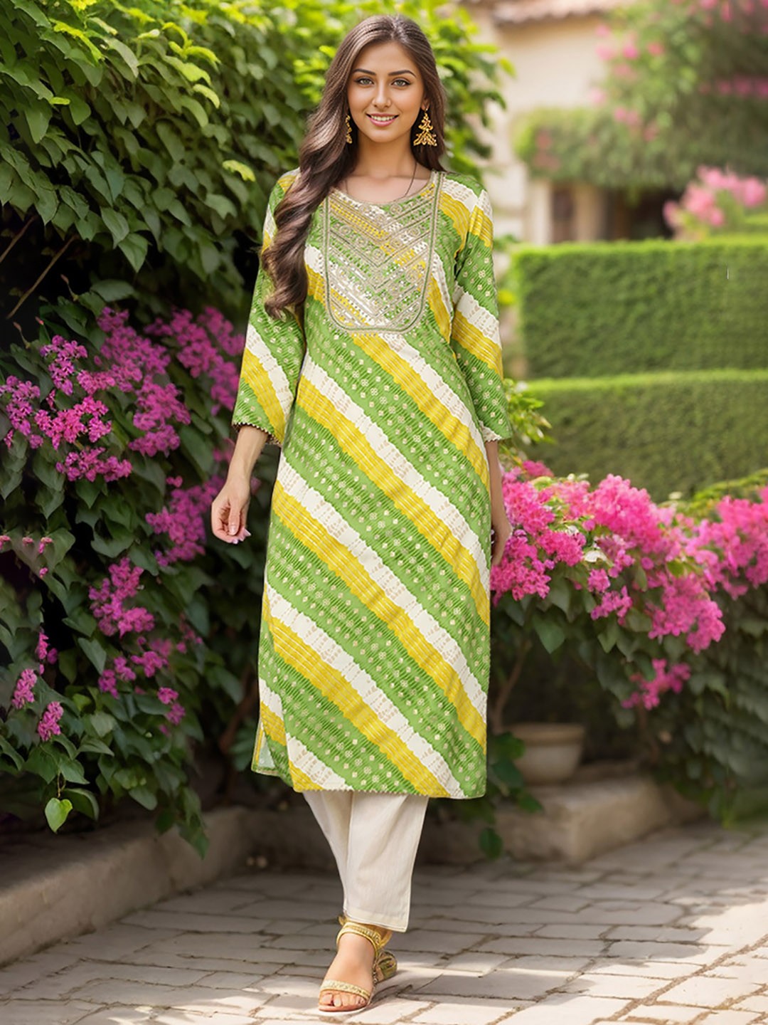 

Anouk Women Leheriya Embroidered Regular Sleeves Straight Kurta, Green