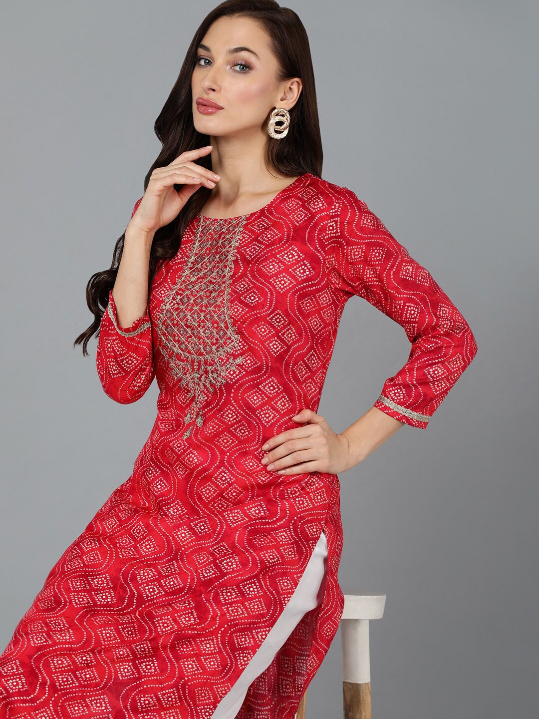 

Anouk Women Bandhani Embroidred Round Neck Sequinned Kurta, Red