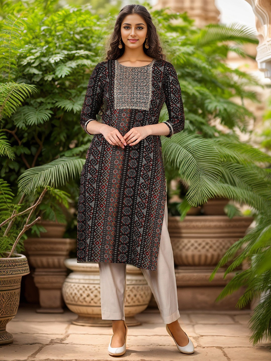

Anouk Women Embroidered Bandhani Print Straight Kurta, Black