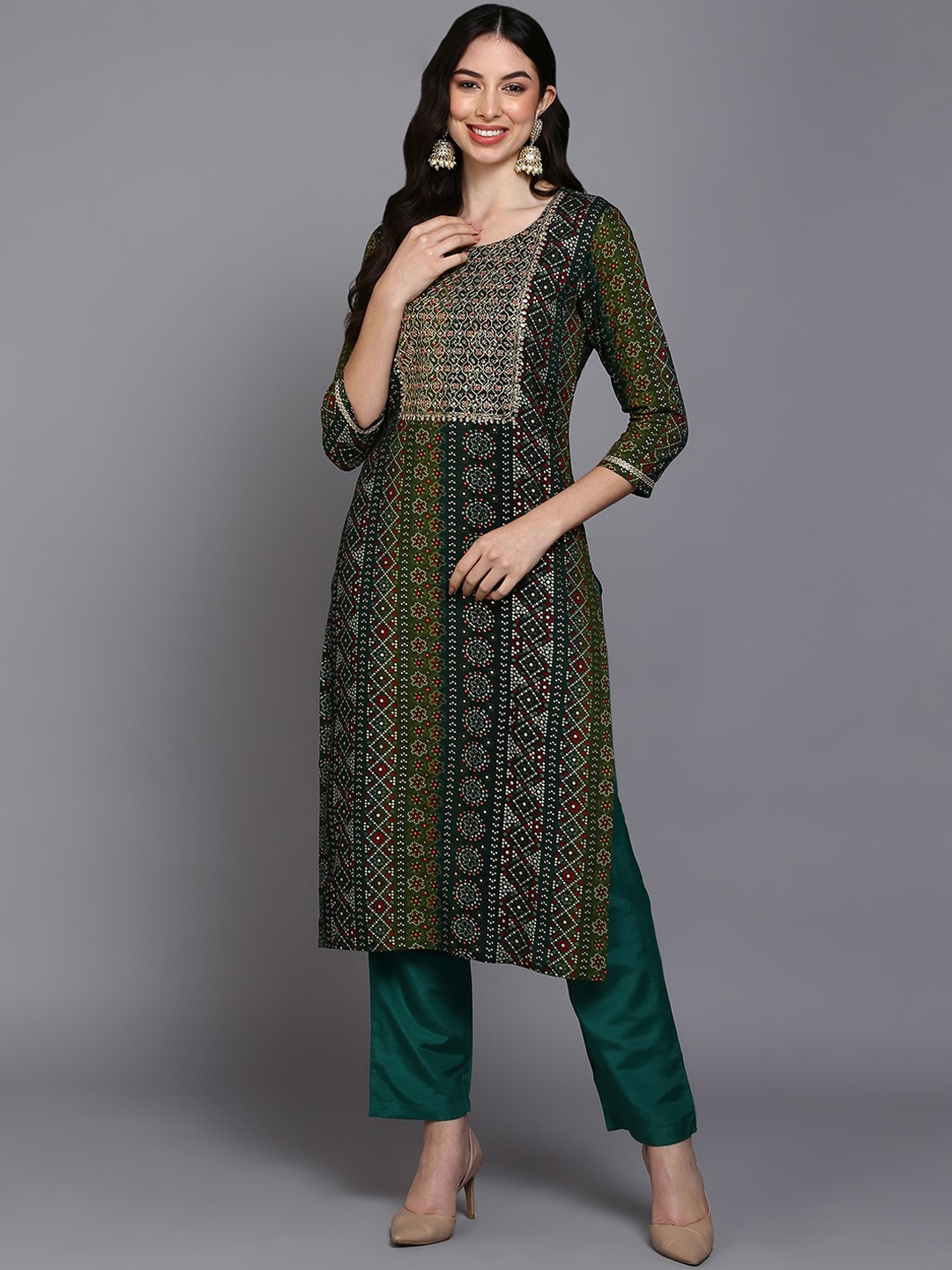 

Anouk Women Bandhani Printed Embroidered Straight Kurta, Green