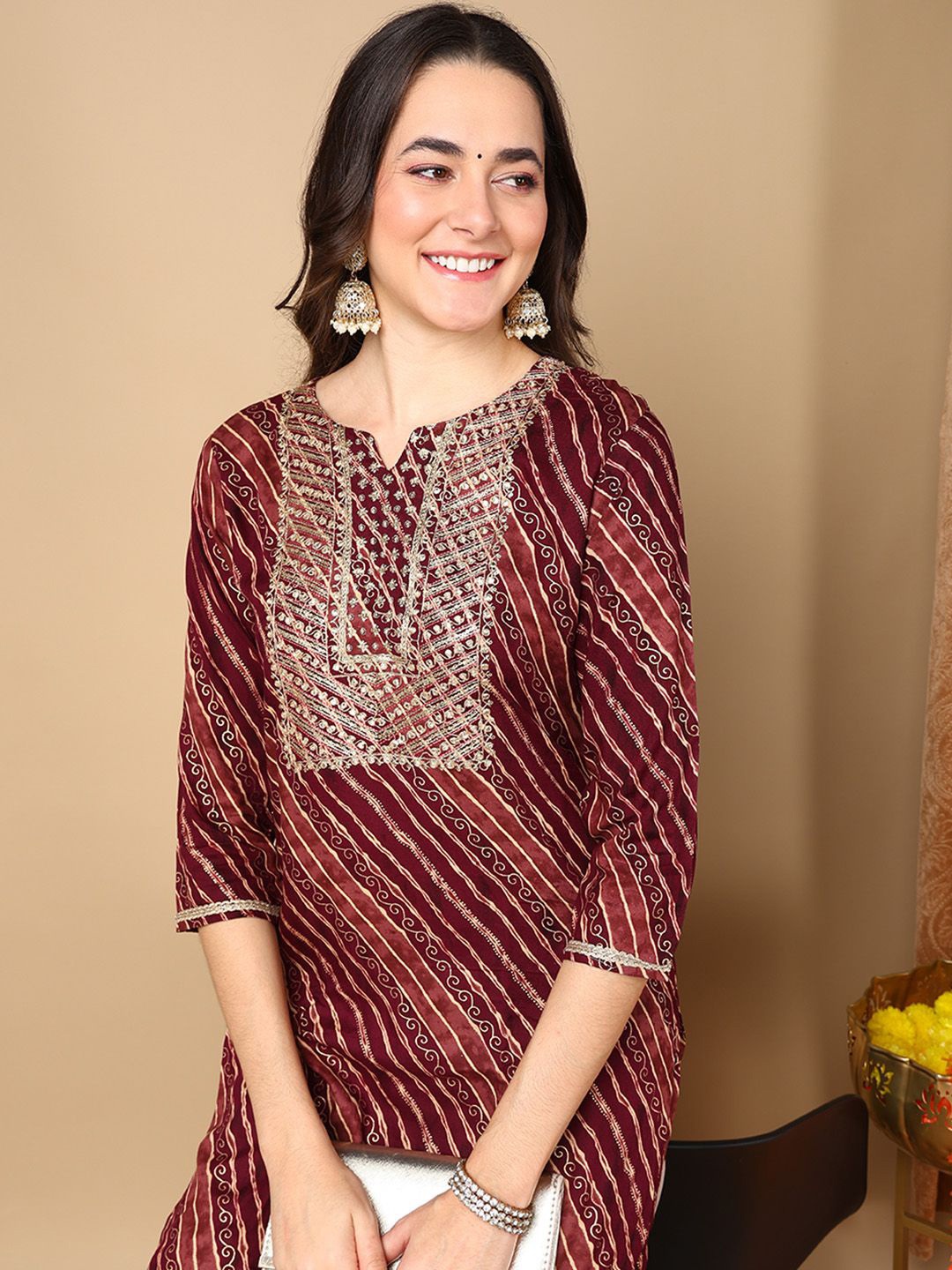 

Anouk Striped Notch Neck Regular Sleeves Sequins Kurta, Burgundy