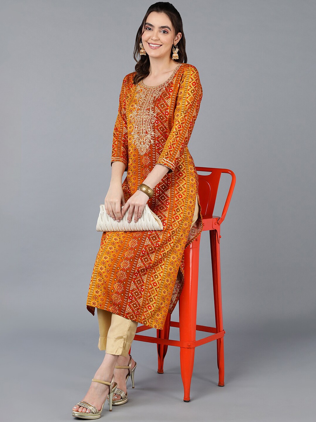 

Anouk Women Embroidered Bandhani Straight Kurta, Yellow