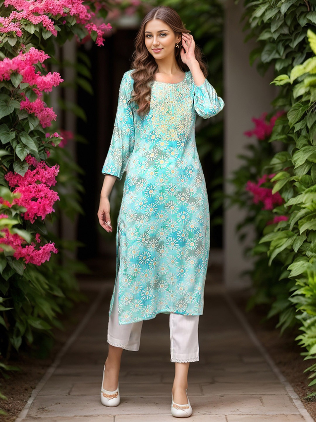 

Anouk Women Ethnic Motifs Embroidered Straight Kurta, Blue