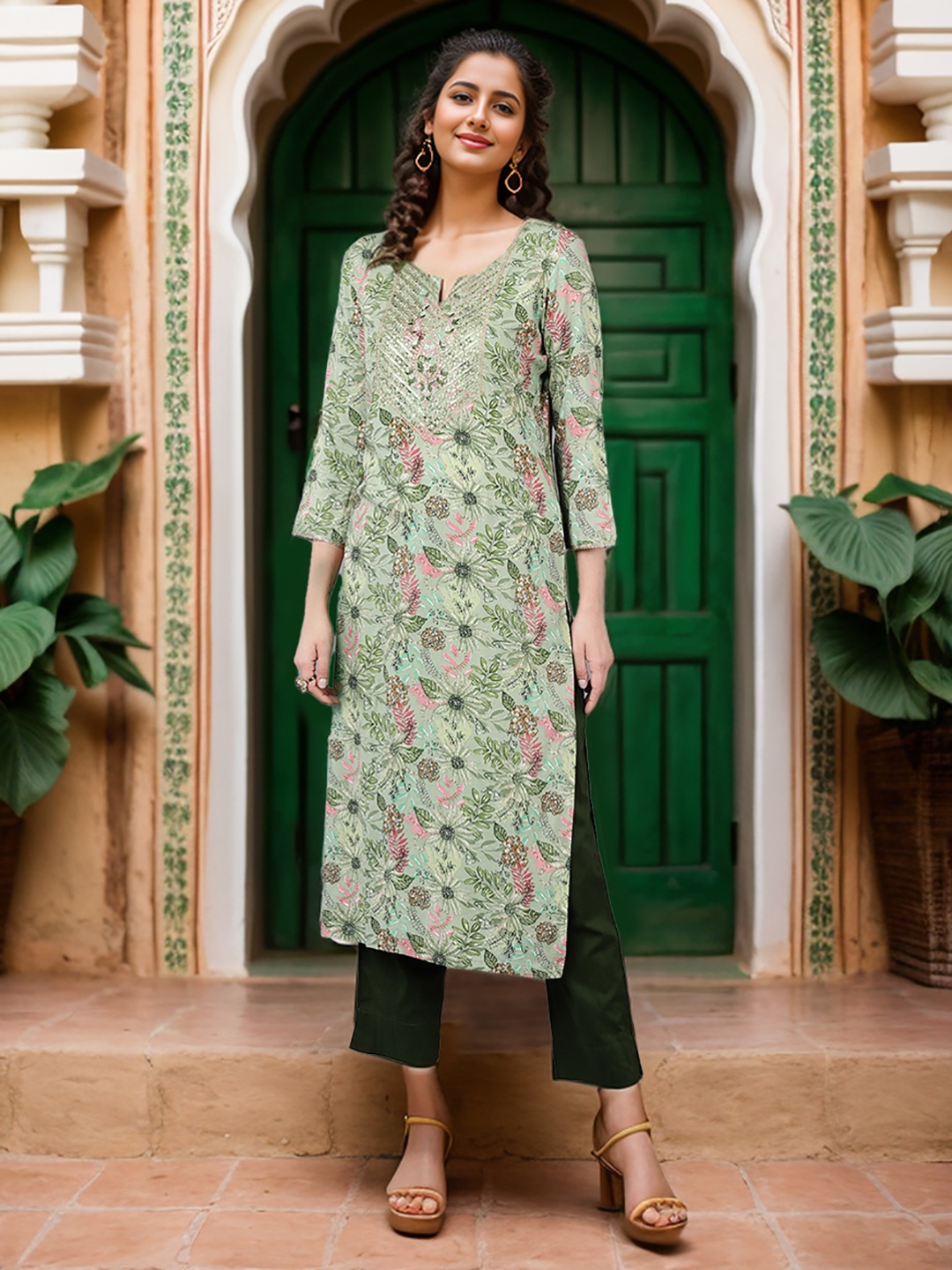 

Anouk Women Floral Printed Sequinned Kurta, Green