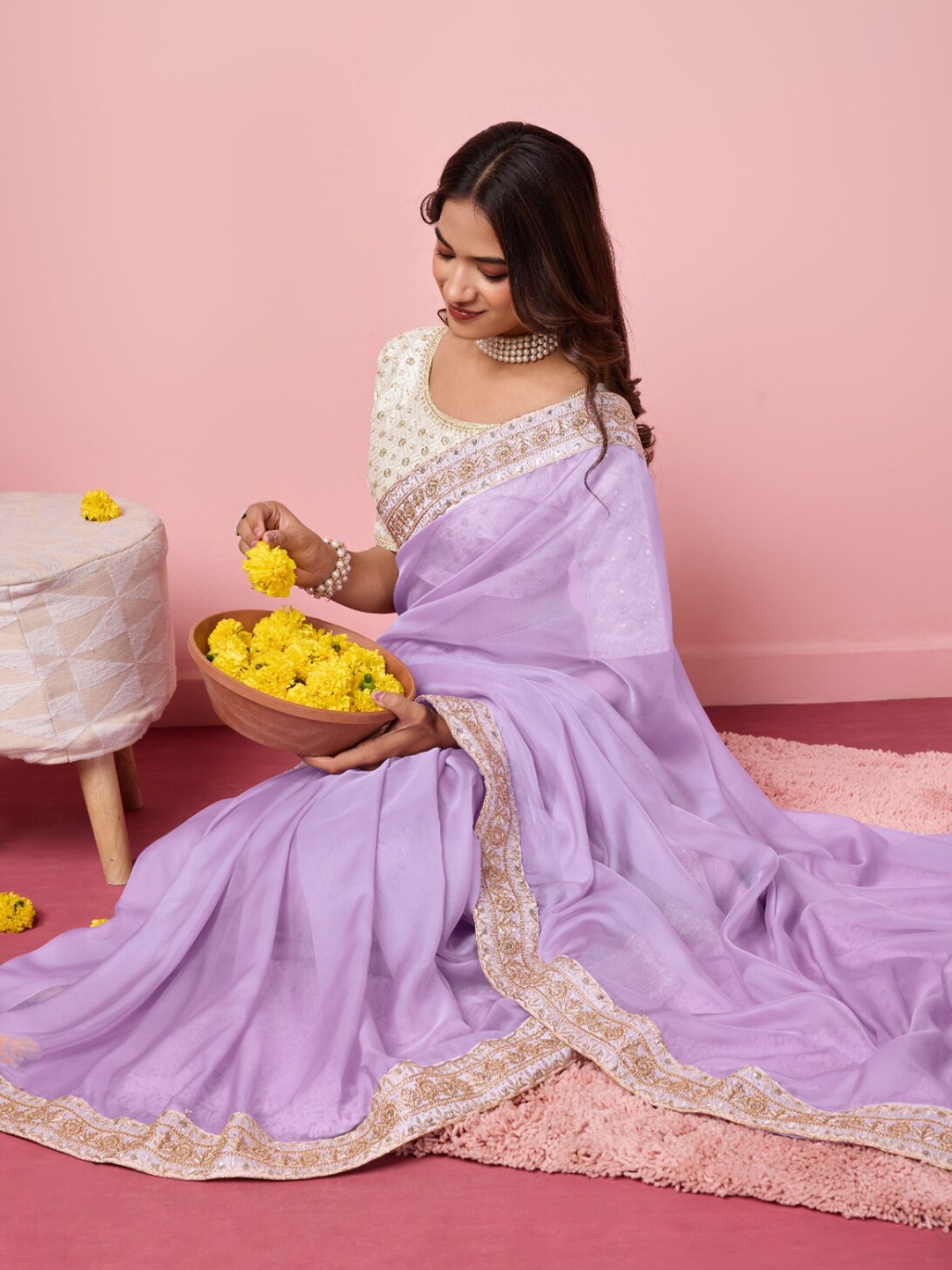 

VAIRAGEE Zari Organza Saree, Lavender