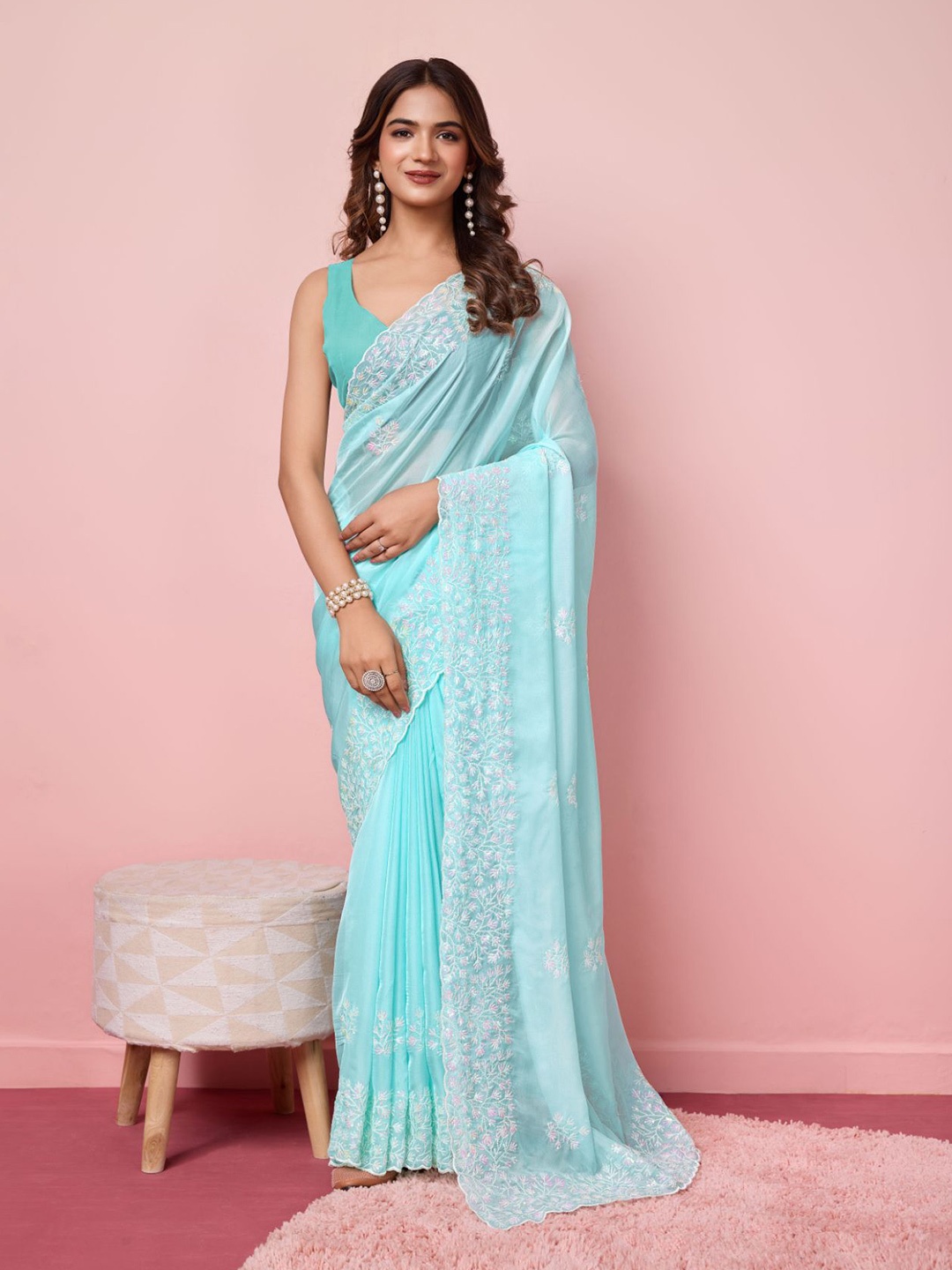 

VAIRAGEE Embellished Embroidered Organza Saree, Turquoise blue