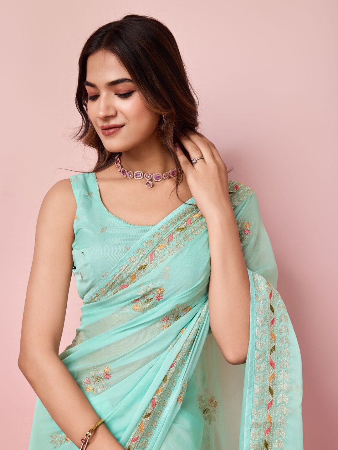 

VAIRAGEE Floral Embroidered Organza Saree, Turquoise blue