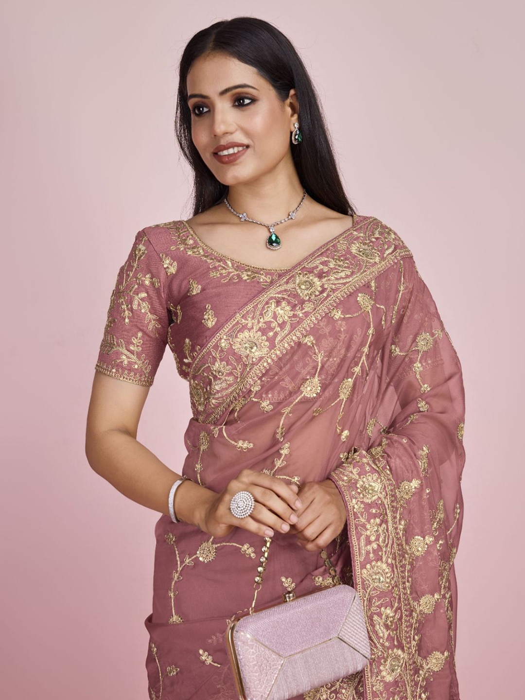 

VAIRAGEE Ethnic Motifs Zari Organza Saree, Mauve