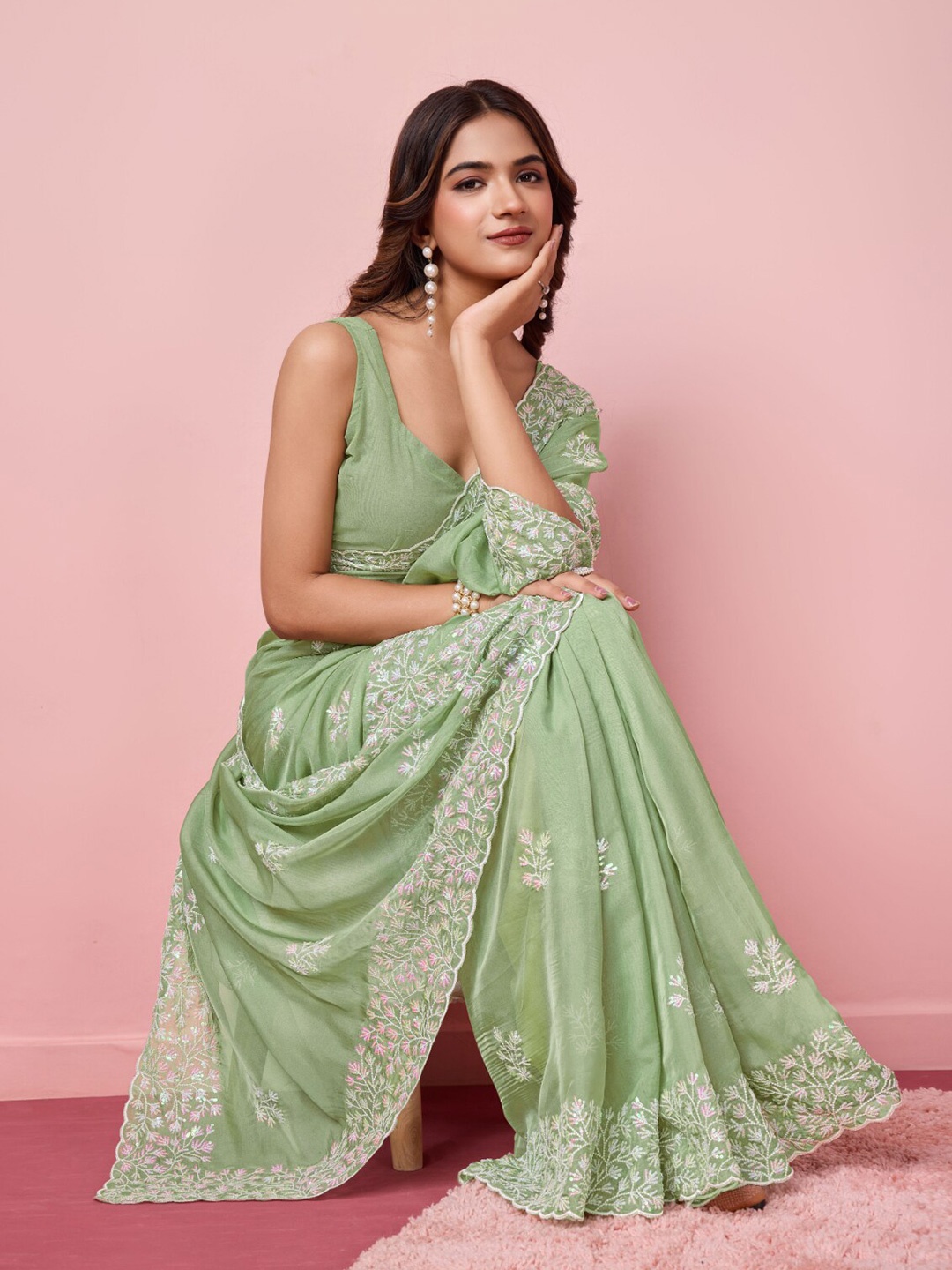 

VAIRAGEE Embellished Embroidered Organza Saree, Olive