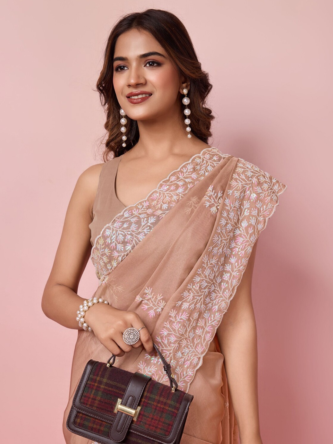 

VAIRAGEE Floral Embroidered Organza Saree, Camel brown