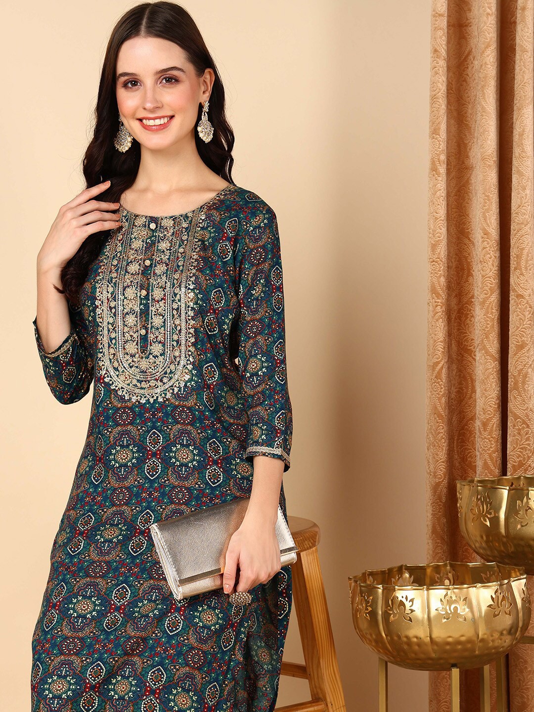 

Anouk Women Ethnic Motifs Printed Embroidred Kurta, Blue