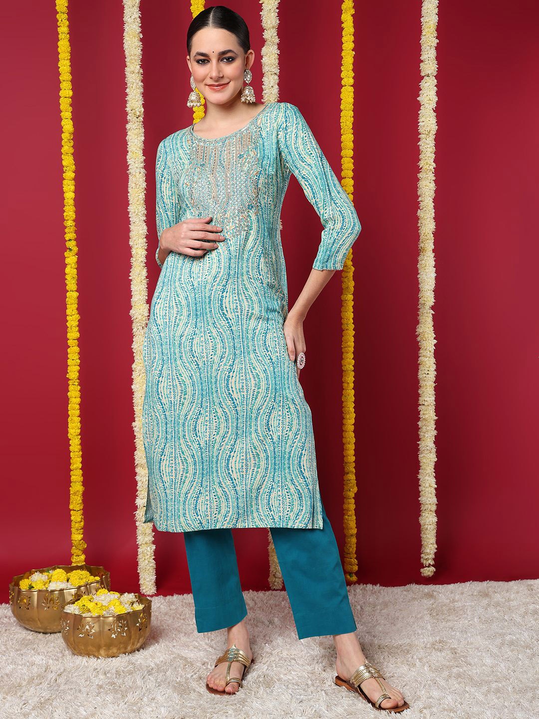 

Anouk Women Embroidered Abstract Regular Straight Kurta, Blue
