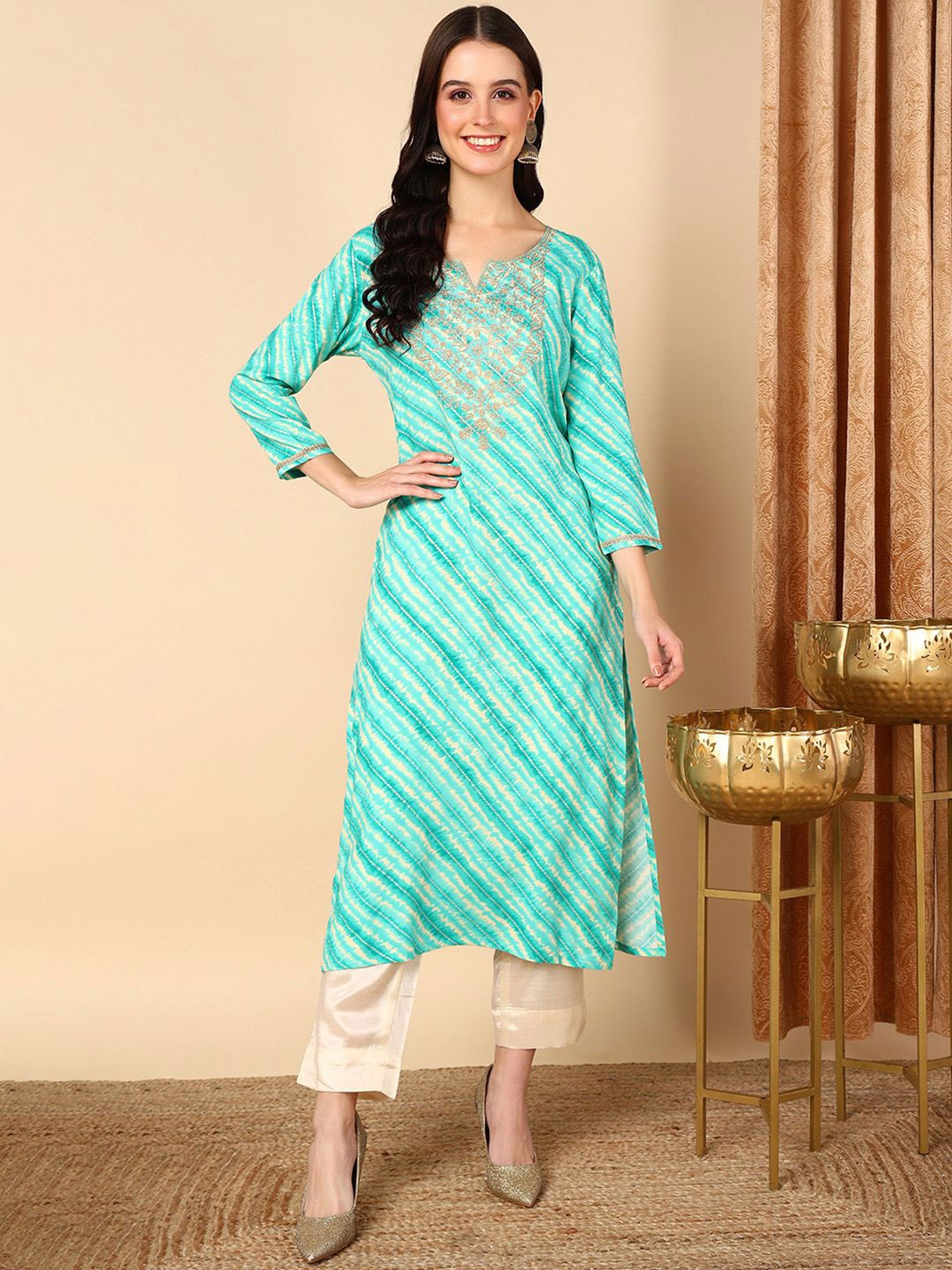 Anouk Women Lehariya Printed Regular Sleeves Embroidered Kurta, Sea green