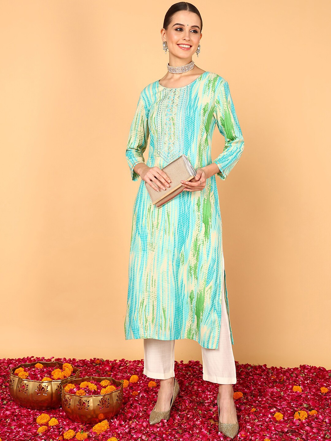 

Anouk Women Abstract Printed Yoke Design Kurta, Turquoise blue