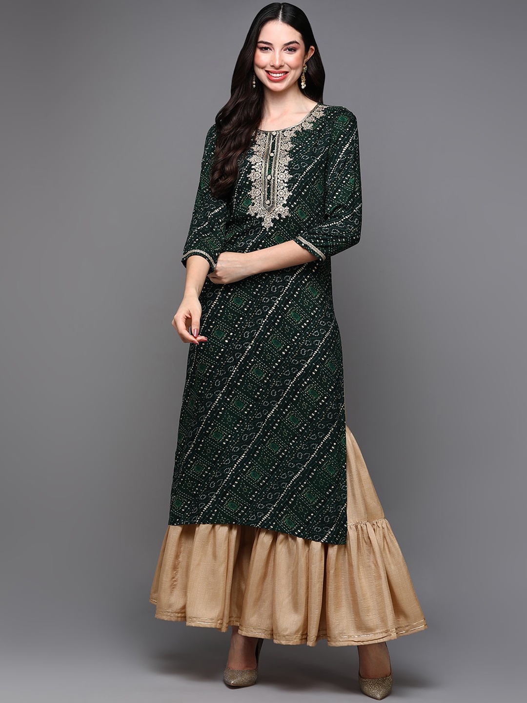 

Anouk Women Ethnic Motifs Printed Thread Work Kurta, Green