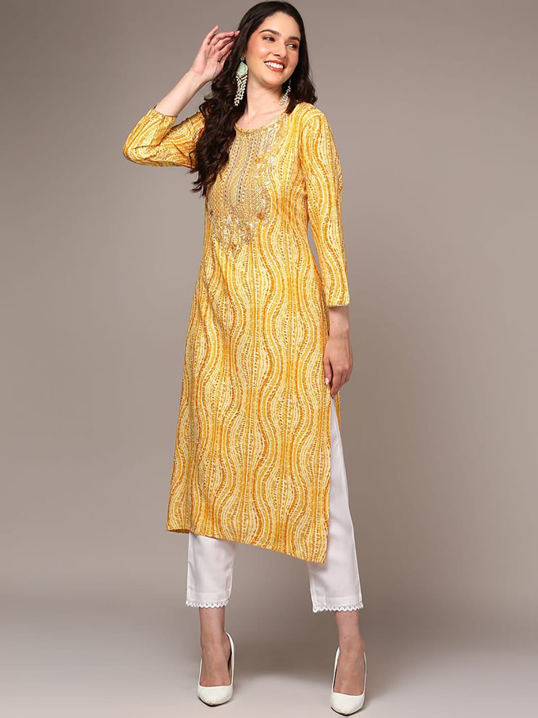 

Anouk Women Geometric Striped Round Neck Sequinned Pathani Kurta, Yellow