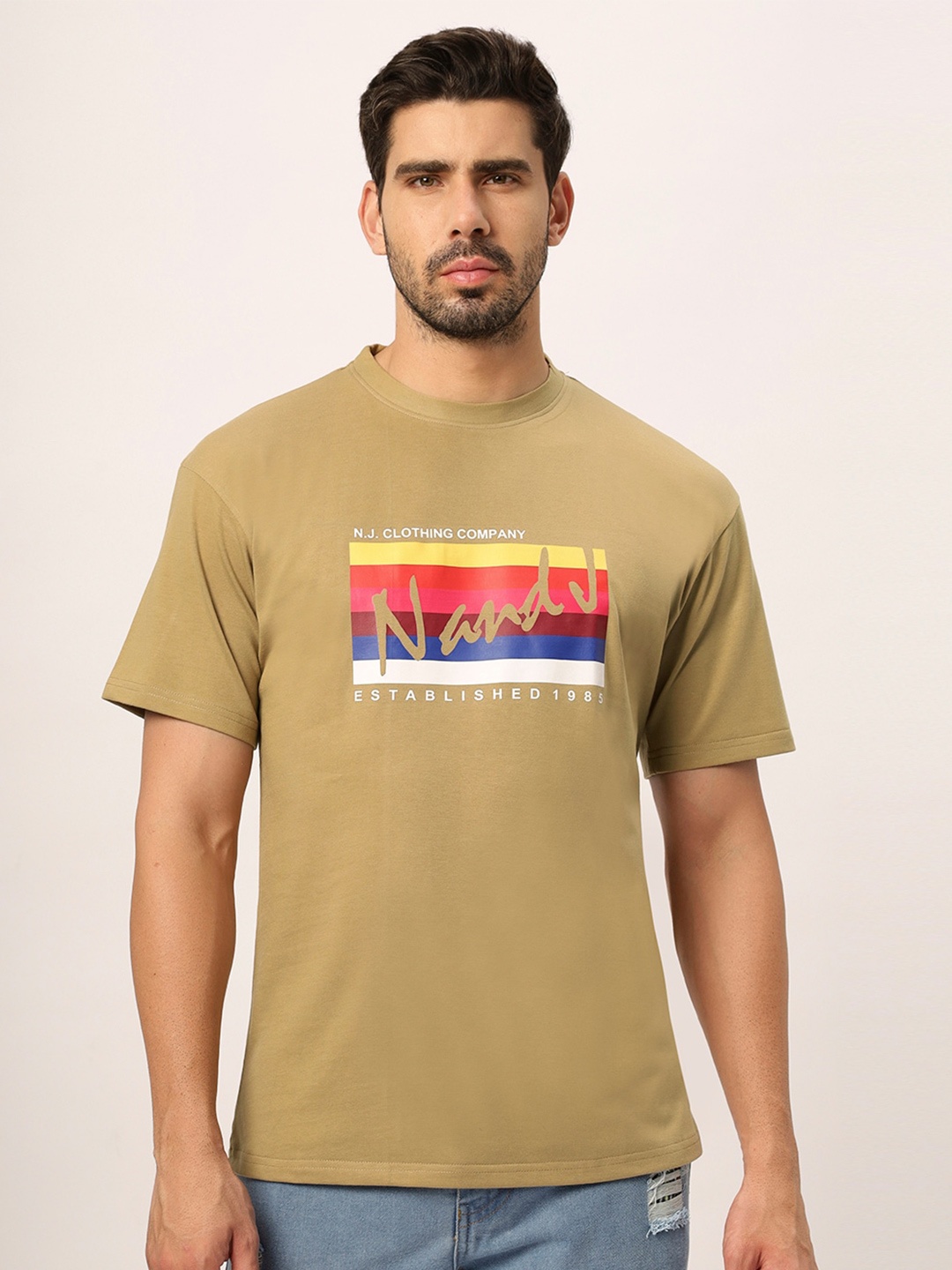

N AND J Men Printed Applique T-shirt, Khaki