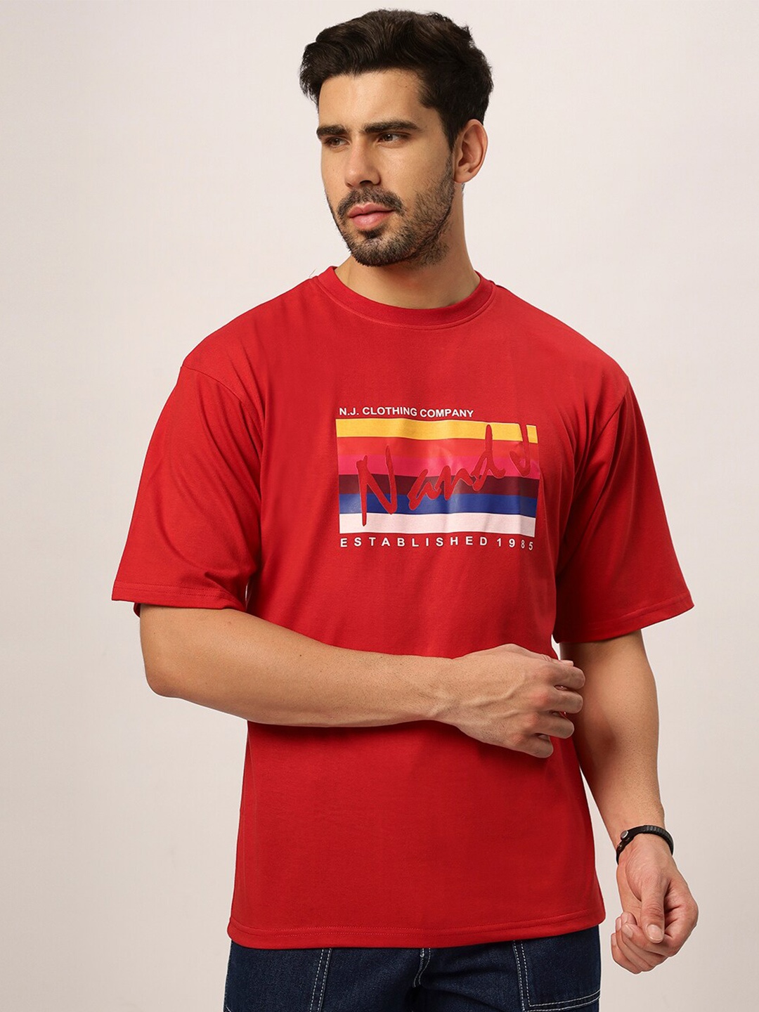 

N AND J Men Typography Printed Applique T-shirt, Red