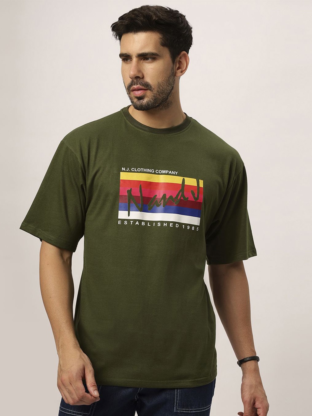 

N AND J Men Printed T-shirt, Olive