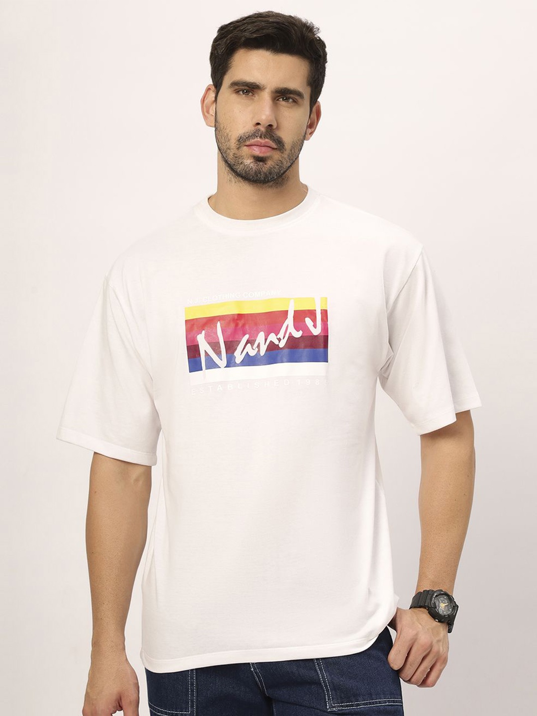

N AND J Men Printed T-shirt, White