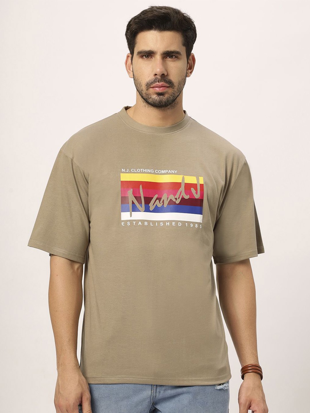 

N AND J Men Printed T-shirt, Brown