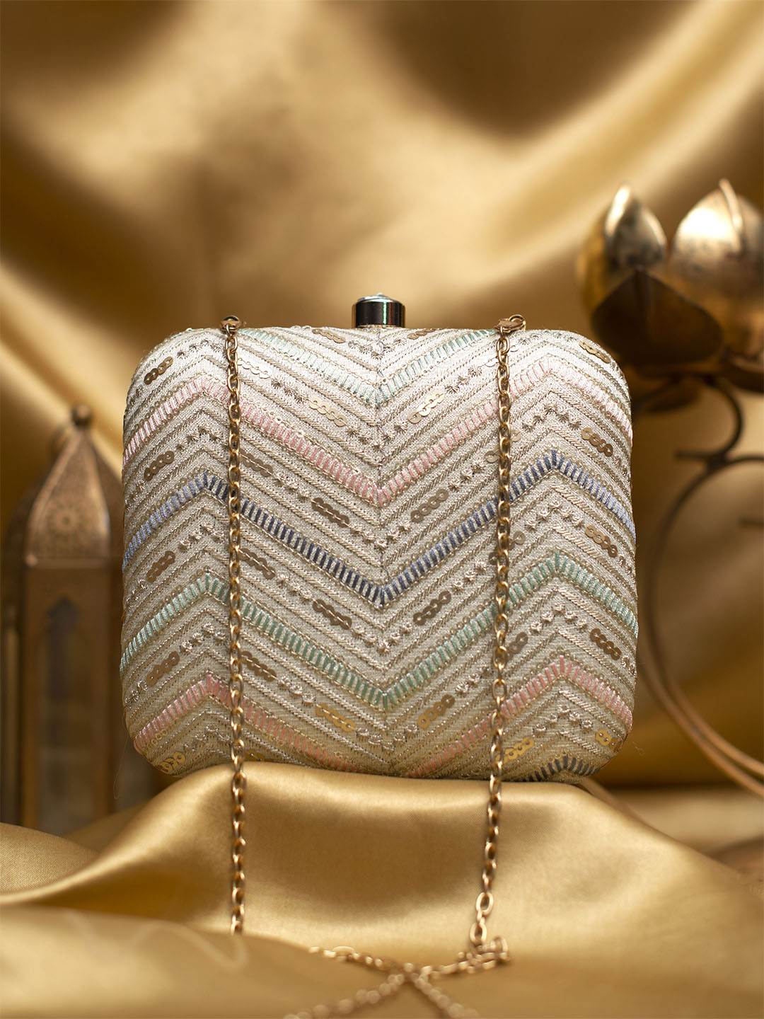 

ARTKLIM Embroidered Box Clutch, Beige