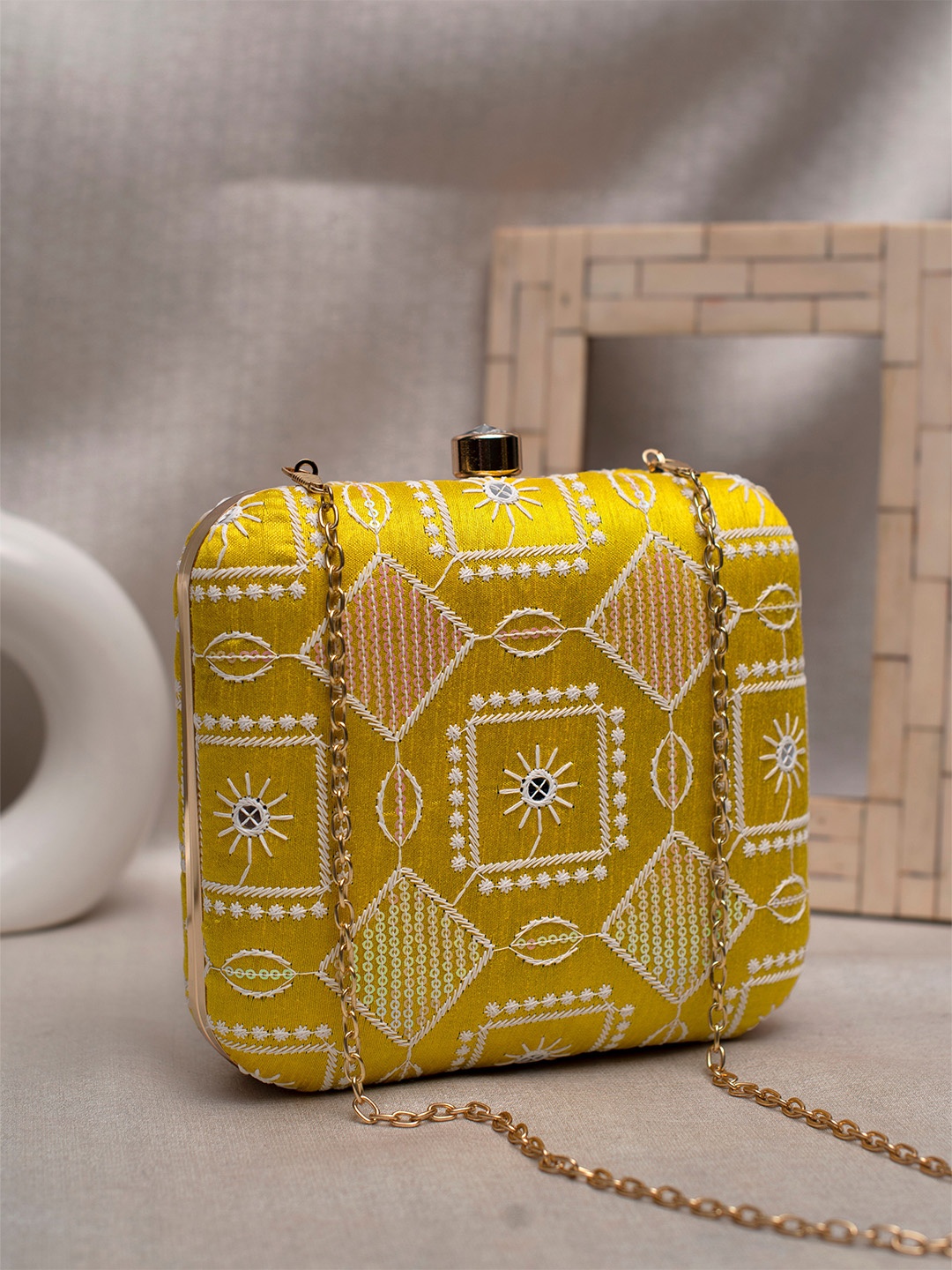 

ARTKLIM Embroidered Box Clutch, Yellow
