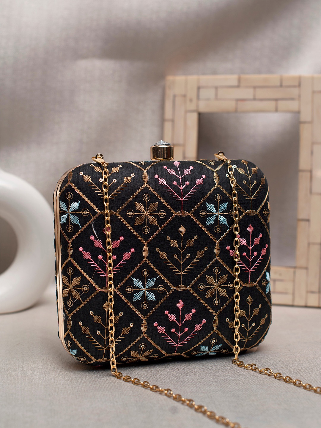 

ARTKLIM Embroidered Box Clutch, Black