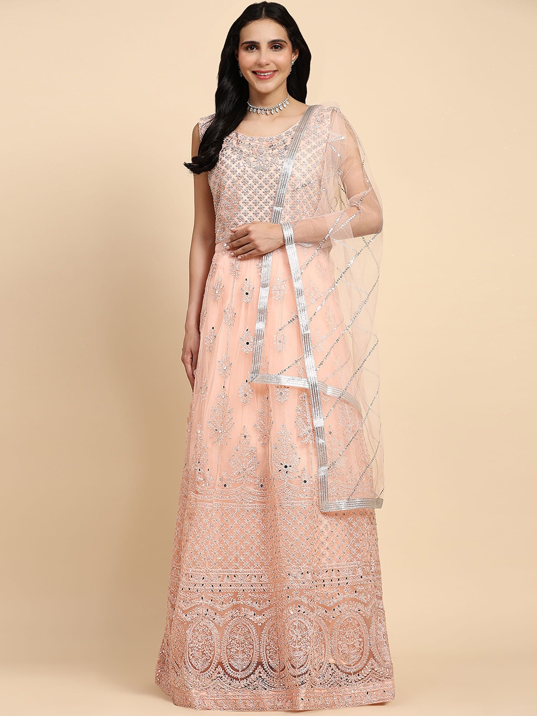 

AMOHA TRENDZ Women Embroidered Fit and Flare Maxi Gown With Dupatta, Peach